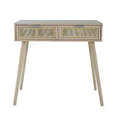 Pia 32 Inch Wood Console Table, 2 Drawers, Woven Rattan, Natural Brown