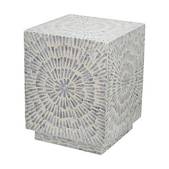18 Inch Modern Capiz Accent Table Stool, Square, Gray Starburst Pattern