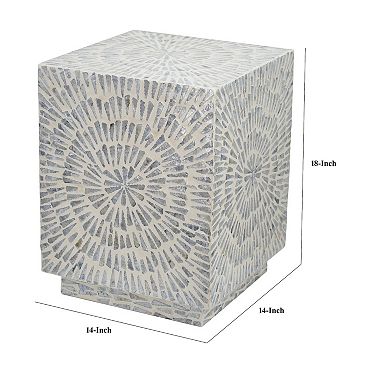 18 Inch Modern Capiz Accent Table Stool, Square, Gray Starburst Pattern