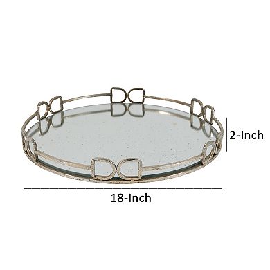 Sui 18 Inch Round Tray, Glass Bottom, Silver Geometric Frame, Large