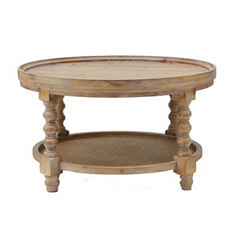 Jake 30 Inch Coffee Table, Fir Wood, Lower Tier Woven Wicker Shelf, Brown