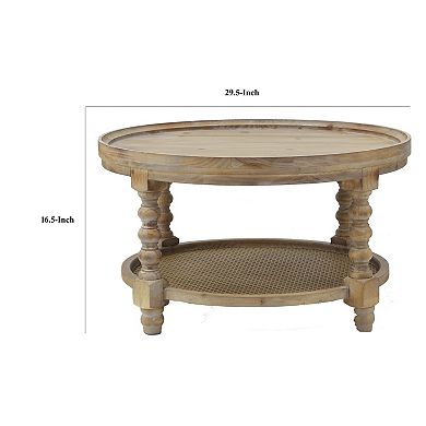 Jake 30 Inch Coffee Table, Fir Wood, Lower Tier Woven Wicker Shelf, Brown