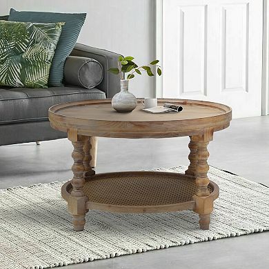 Jake 30 Inch Coffee Table, Fir Wood, Lower Tier Woven Wicker Shelf, Brown
