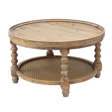 Jake 30 Inch Coffee Table, Fir Wood, Lower Tier Woven Wicker Shelf, Brown