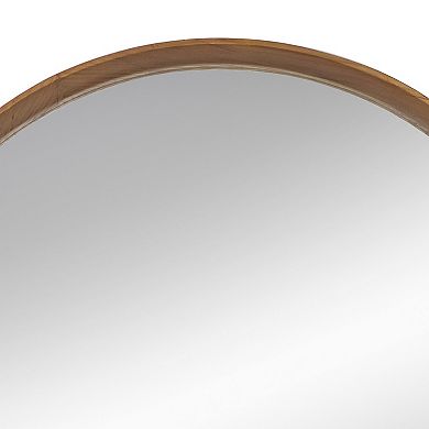 Roe 32 Inch Wall Mounted Round Mirror, Modern Brown Pine Wood Frame