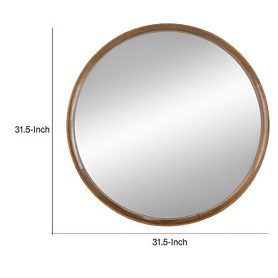 Roe 32 Inch Wall Mounted Round Mirror, Modern Brown Pine Wood Frame