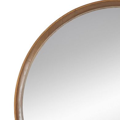 Roe 32 Inch Wall Mounted Round Mirror, Modern Brown Pine Wood Frame