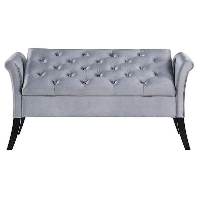Ako 52 Inch Storage Bench, Button Tufting, Flared Arms, Gray Upholstery