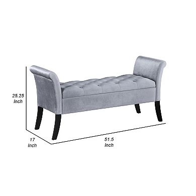 Ako 52 Inch Storage Bench, Button Tufting, Flared Arms, Gray Upholstery