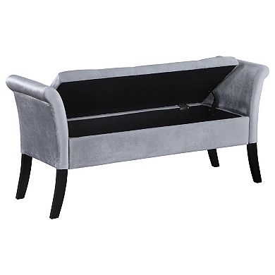 Ako 52 Inch Storage Bench, Button Tufting, Flared Arms, Gray Upholstery