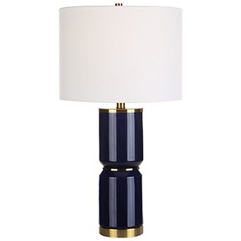 26 Inch Modern Table Lamp, Hardback Linen Shade, Ceramic Body, Blue, Gold