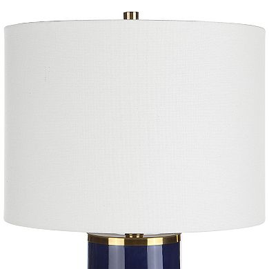 26 Inch Modern Table Lamp, Hardback Linen Shade, Ceramic Body, Blue, Gold