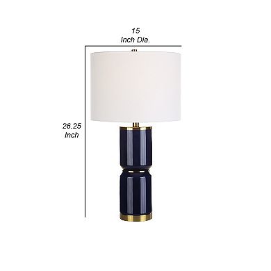 26 Inch Modern Table Lamp, Hardback Linen Shade, Ceramic Body, Blue, Gold