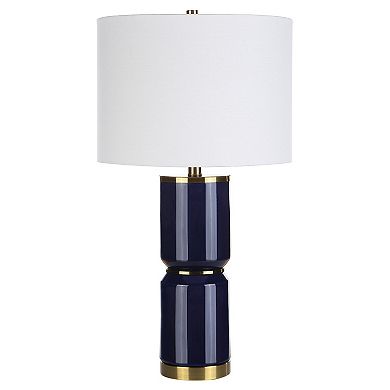 26 Inch Modern Table Lamp, Hardback Linen Shade, Ceramic Body, Blue, Gold