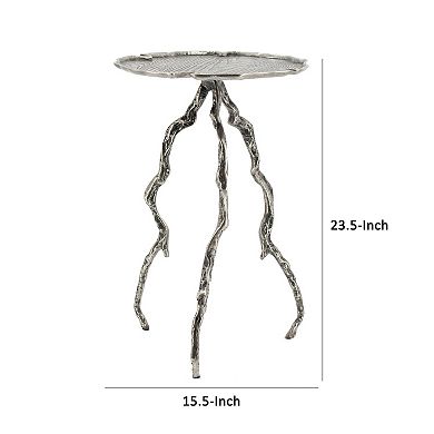 24 Inch Accent Table, Aluminum Metal Branch Tripod Legs, Antique Silver