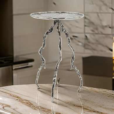 24 Inch Accent Table, Aluminum Metal Branch Tripod Legs, Antique Silver