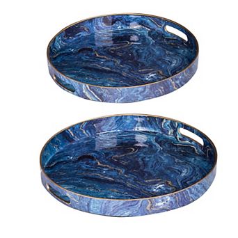 Set Of 2 Round Accent Trays, Tabletop Decor, Marbling, Blue, Gold Marbling