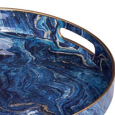 Set Of 2 Round Accent Trays, Tabletop Decor, Marbling, Blue, Gold Marbling