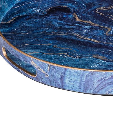 Set Of 2 Round Accent Trays, Tabletop Decor, Marbling, Blue, Gold Marbling