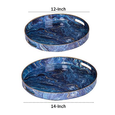 Set Of 2 Round Accent Trays, Tabletop Decor, Marbling, Blue, Gold Marbling