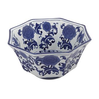11 Inch Decorative Bowl With Floral Pattern On Blue And White Porcelain