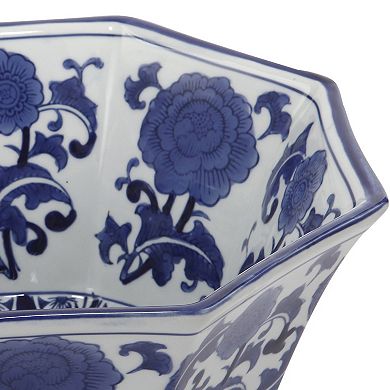 11 Inch Decorative Bowl With Floral Pattern On Blue And White Porcelain