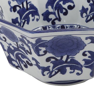 11 Inch Decorative Bowl With Floral Pattern On Blue And White Porcelain