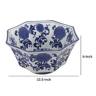 11 Inch Decorative Bowl With Floral Pattern On Blue And White Porcelain