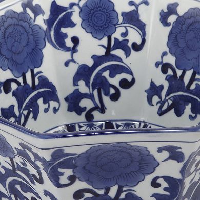 11 Inch Decorative Bowl With Floral Pattern On Blue And White Porcelain