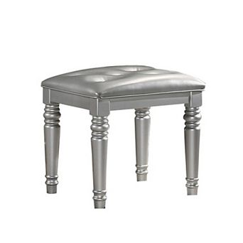 Kya 20 Inch Vanity Stool With Tufted Vegan Faux Leather Seat, Glam Silver