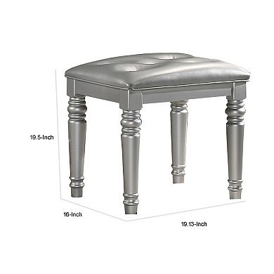 Kya 20 Inch Vanity Stool With Tufted Vegan Faux Leather Seat, Glam Silver