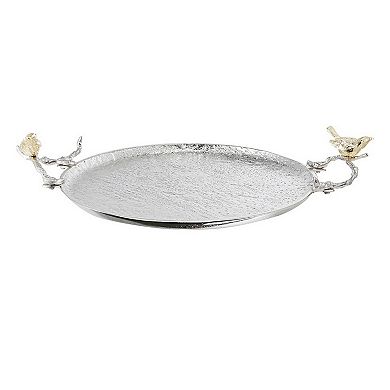 21 Inch Decorative Tray Set Of 2, Perched Birds Silver Metal, Large
