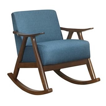 Tim 37 Inch Rocking Armchair, Blue Polyester, Walnut Brown Solid Wood