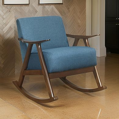 Tim 37 Inch Rocking Armchair, Blue Polyester, Walnut Brown Solid Wood