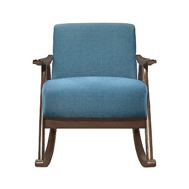 Tim 37 Inch Rocking Armchair, Blue Polyester, Walnut Brown Solid Wood