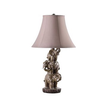 21 Inch Accent Table Lamp, 3 Stacked Elephants, Linen Bell Shade Brown Gray