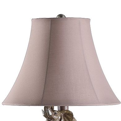 21 Inch Accent Table Lamp, 3 Stacked Elephants, Linen Bell Shade Brown Gray