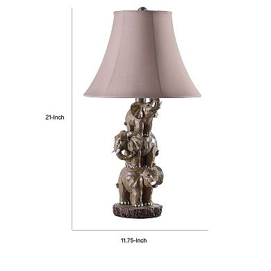 21 Inch Accent Table Lamp, 3 Stacked Elephants, Linen Bell Shade Brown Gray