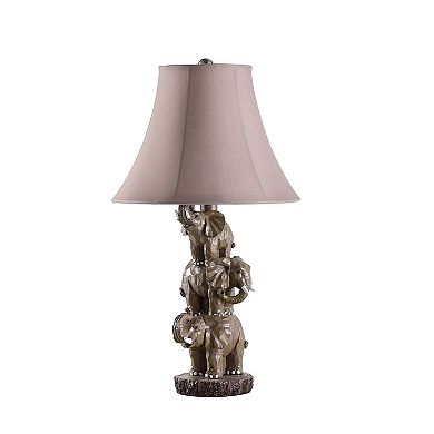 21 Inch Accent Table Lamp, 3 Stacked Elephants, Linen Bell Shade Brown Gray