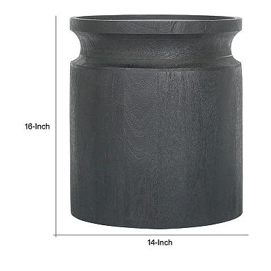 16 Inch Side End Table, Modern Cylinder Jar Like Design, Mango Wood, Black