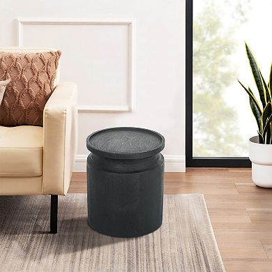 16 Inch Side End Table, Modern Cylinder Jar Like Design, Mango Wood, Black