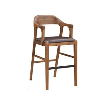 Rase 29 Inch Barstool Chair, Faux Leather Seat, Open Curved Back, Brown