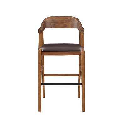 Rase 29 Inch Barstool Chair, Faux Leather Seat, Open Curved Back, Brown