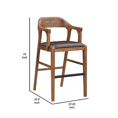 Rase 29 Inch Barstool Chair, Faux Leather Seat, Open Curved Back, Brown