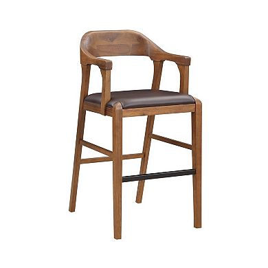 Rase 29 Inch Barstool Chair, Faux Leather Seat, Open Curved Back, Brown