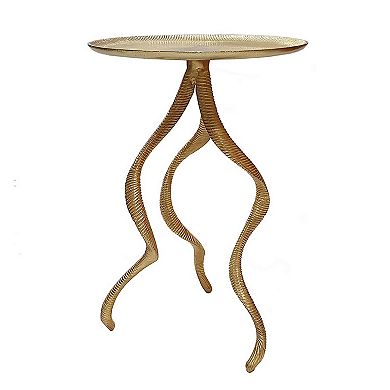 24 Inch Accent Side Table, Antler Base Design, Ribbed Top, Aluminium, Gold