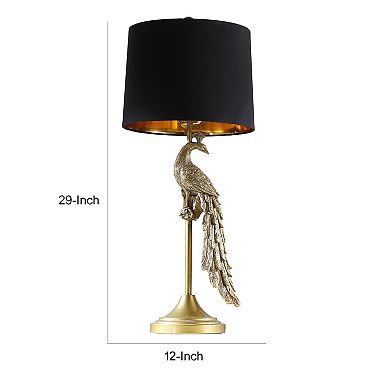 29 Inch Peacock Table Lamp, Gold Polyresin Sculpture, Black Drum Shade