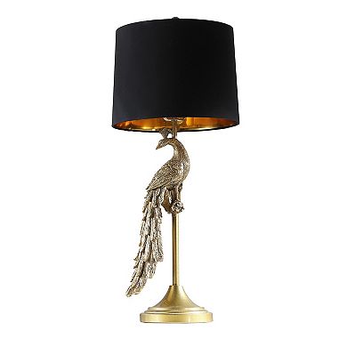 29 Inch Peacock Table Lamp, Gold Polyresin Sculpture, Black Drum Shade