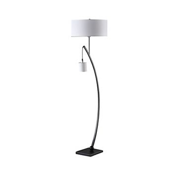 Jiya 59 Inch Arc Floor Lamp, Hanging Design, 2 White Drum Shades, Black