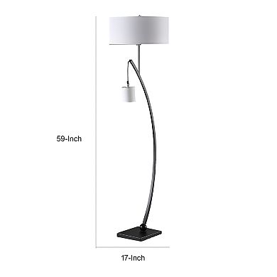 Jiya 59 Inch Arc Floor Lamp, Hanging Design, 2 White Drum Shades, Black